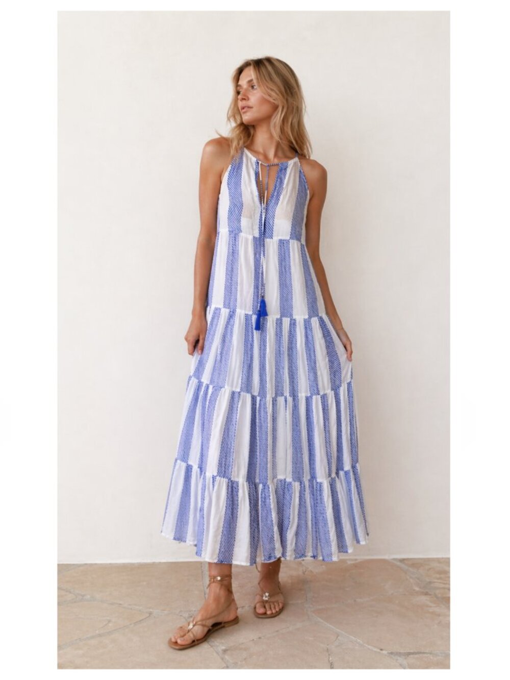 TUCKERNUCK OLIPHANT Long Tiered Tassel Dress Blue White